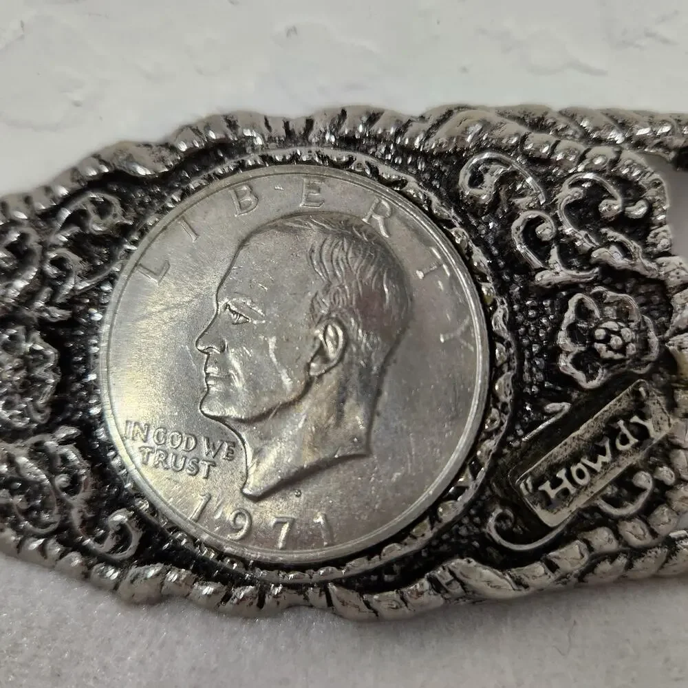 Howdy 1971 Eisenhower Dollar Coin Vintage Western 3.5x2 Belt Buckle